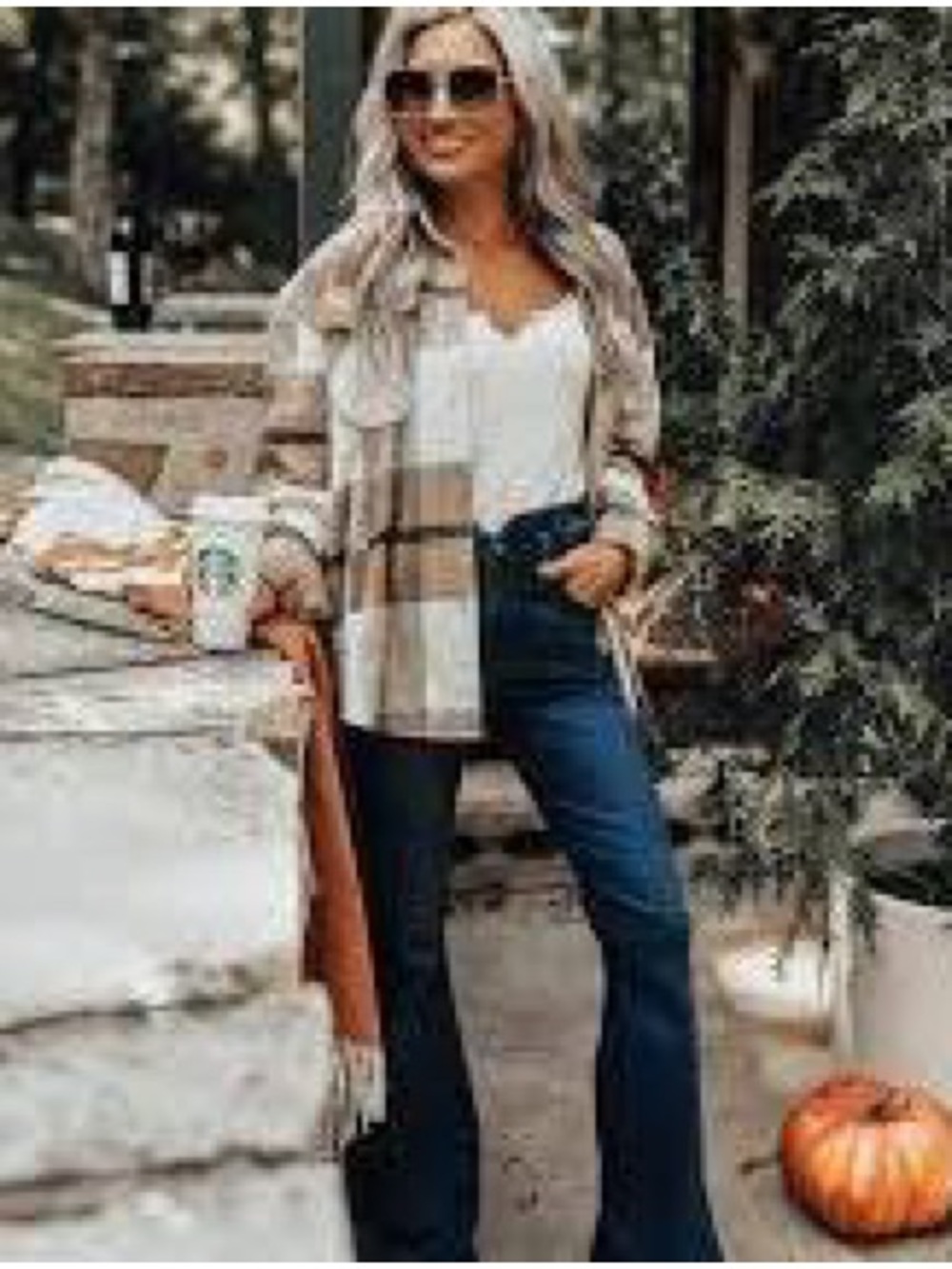 Davi & Dani Oversized Plaid Shacket Tan Cream Size Large